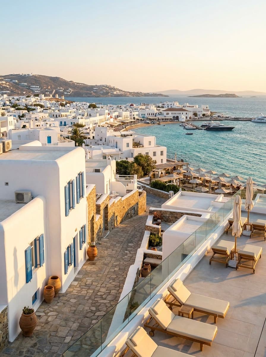 Mykonos Town al tramonto, vista panoramica dalla terrazza